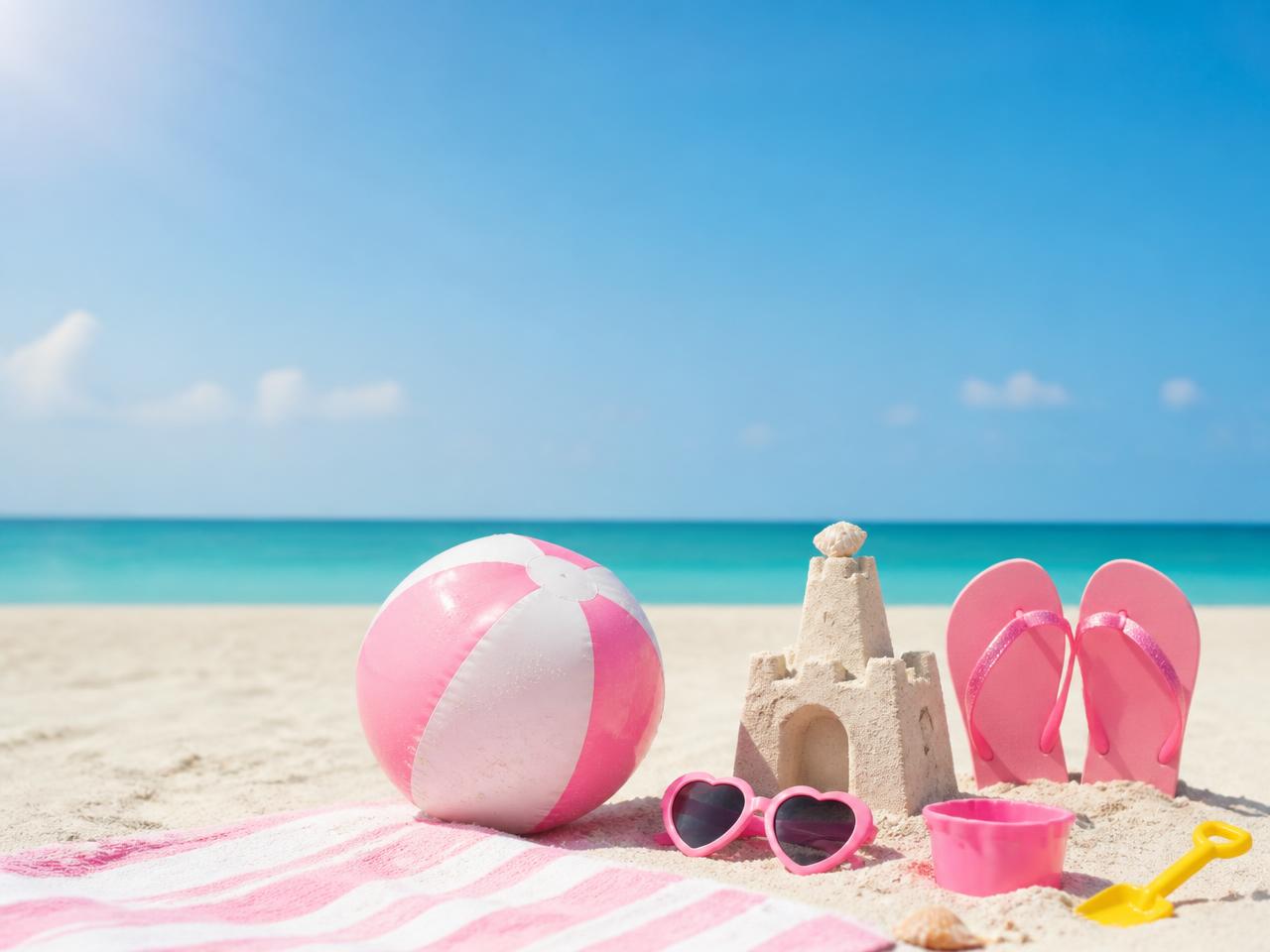 Cena leve de verão na praia com brinquedos infantis, bola de praia rosa, castelo de areia e chinelos
