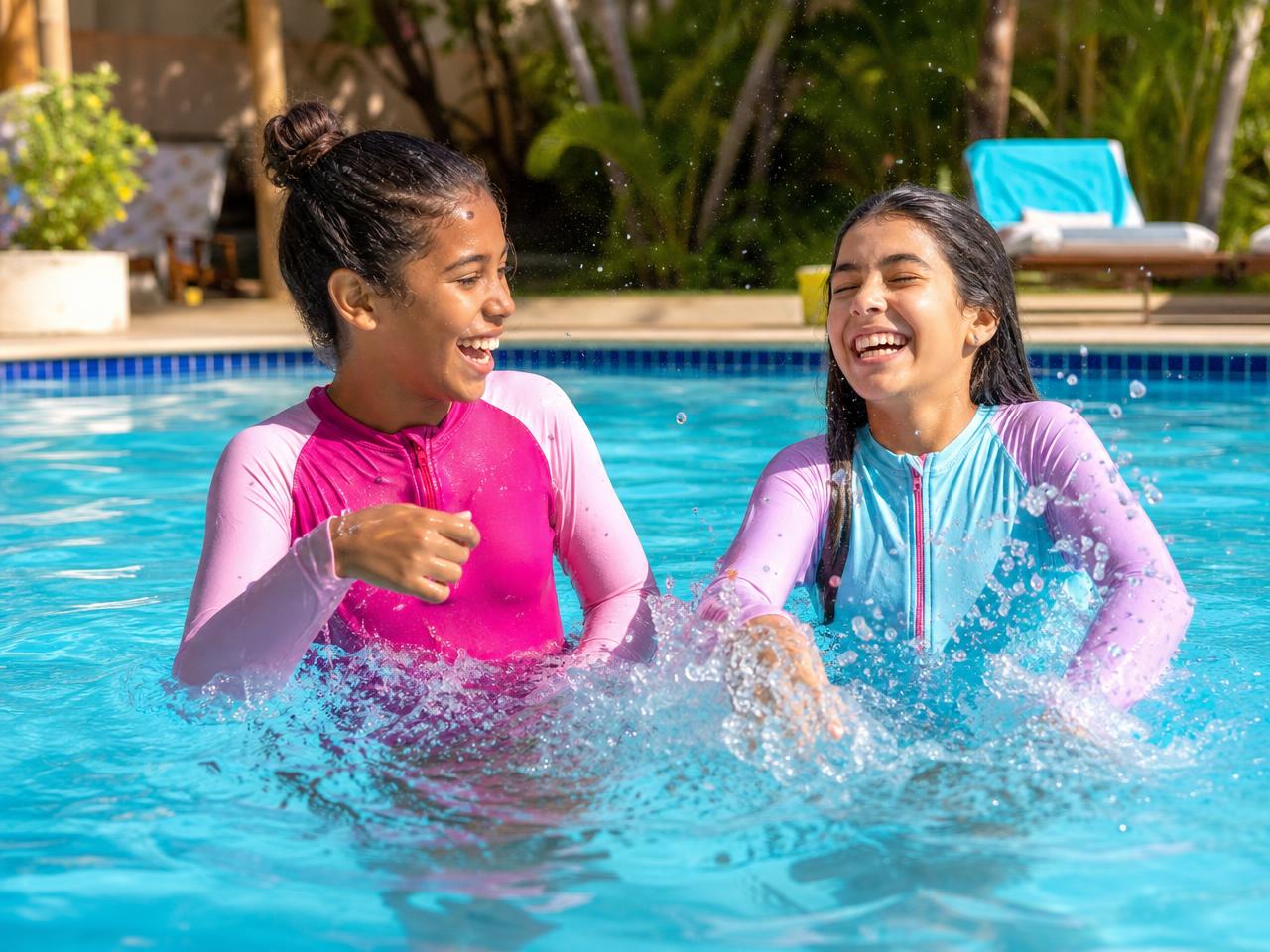 Crianças entre 9 e 13 anos brincando e rindo em uma piscina azul